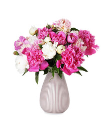 Bouquet of beautiful peonies in vase isolated on white