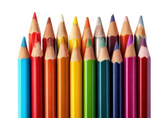 Vibrant color pencils arranged in a row for creative projects, cut out transparent