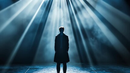 Dramatic silhouette under spotlight as mysterious figure emerges in theater with blue light beams