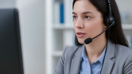Professional woman with headset in healthcare call center using tech for clear communication and support in office environment providing efficient client assistance
