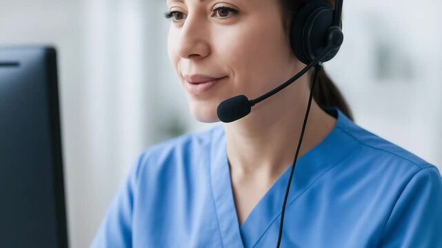 Healthcare professional at call center using tech headset for medical communication and support, providing focused assistance with calm and friendly expression