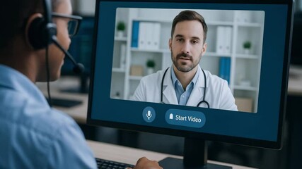 Healthcare professional uses tech to call medical center for virtual doctor consultation on computer screen with headset in calm and modern office environment providing expert support