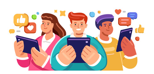 People interact with social networks online. User feedback concept. Digital technology and communication