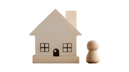 Symbolic representation of homeownership: wooden house and figure on transparent background