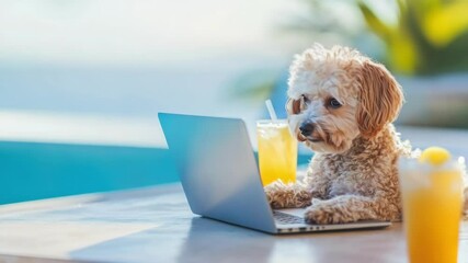 A dog sits at table with laptop and drink, looking at the camera. Adorable animal working remotely by the pool. Funny pet with computer for leisure or business concept image.
