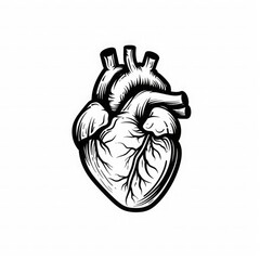 A black and white sketch of the human heart. The drawing shows detailed blood vessels highlighting the anatomy of the cardiovascular system.