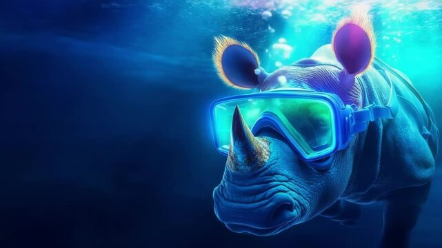 Rhino in swimming mask underwater. Animal character concept for summer holiday and fun with copy space. Wild mammal enjoying water activity in deep blue ocean backdrop.