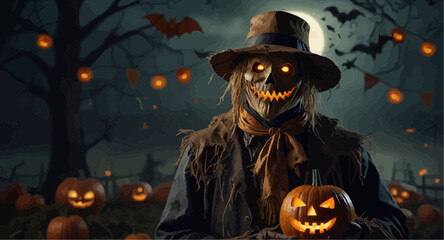 A Halloween scarecrow stands beside a carved pumpkin and a bat, set against a spooky autumn backdrop.  