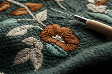 Embroidery in progress with needle and thread showcasing intricate floral design on textured fabric