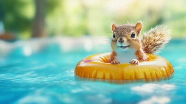 A cute squirrel floating in small yellow inflatable ring in swimming pool. Animal enjoying vacation and summertime activity concept for ad banner or web page background.