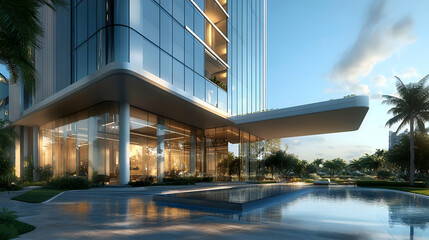Modern Architectural Building Entrance With Glass Facade And Water Feature