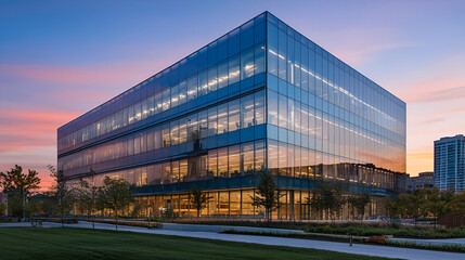 Obraz premium Modern Glass Facade Office Building at Sunset