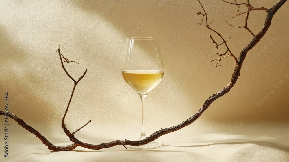 Poster a glass of white wine rests elegantly alongside a twisted branch on a soft beige background during a