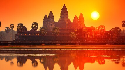 Magnificent Angkor Wat temple at sunrise reflecting in the tranquil waters