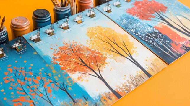Vibrant Fall Landscape Paintings with Art Supplies on Orange Background