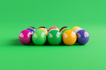 Rack of colorful billiard balls on a green felt pool table, dynamic composition with the balls scattered and arranged in an artistic manner, Cinematic lighting and shadows, Impressionistic brushstroke