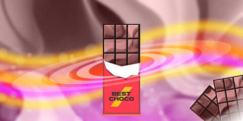 Vector advertising banner. Chocolate bar in open wrapper. Wavy glowing color background. Tasty sweet delicacy best food.