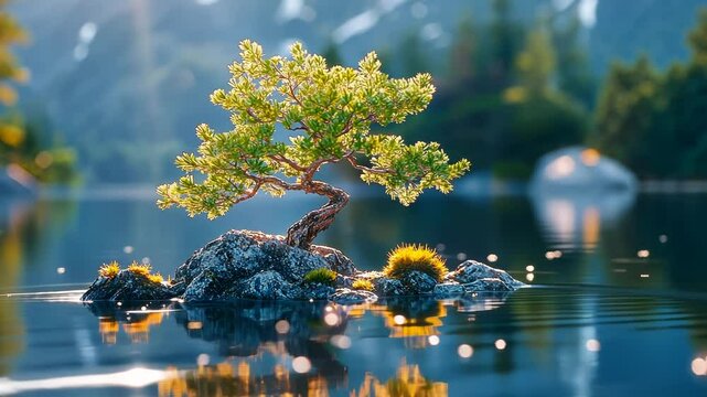 A miniature pine tree thrives on a small, rocky island, serenely floating on a calm, reflective lake, surrounded by a softly blurred backdrop of mountains and distant trees under a soft, sunlit sky