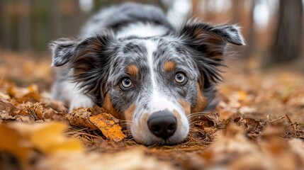 Dog with Blue Eyes Resting on Autumn Leaves in a Forest Setting