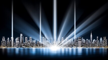 Tribute lights over cityscape water reflection