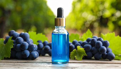 Fototapeta premium Blue liquid in glass dropper bottle surrounded by fresh dark grapes and green leaves on wooden surface with blurred natural background, evoking freshness and nature