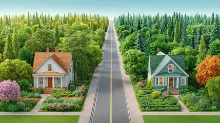 Fototapeta premium Visual concepts of redesigned equitable neighborhoods, A serene road framed by charming houses and lush greenery. Reparative urban planning in equitable city development