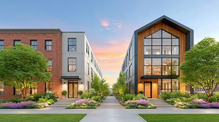 Visual concepts of redesigned equitable neighborhoods, Modern residential buildings with lush gardens at sunset. Reparative urban planning in equitable city development