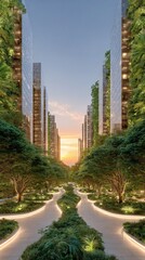 Visual concepts of redesigned equitable neighborhoods, Modern urban landscape with green spaces and futuristic buildings. Reparative urban planning in equitable city development