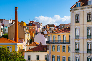 Colorful architecture in Old town of Lisbon, Portugal. Beautiful cityscape at sunny day.