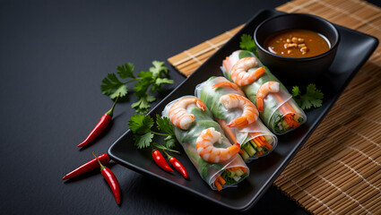 A professional food photograph captures Vietnamese spring rolls arranged diagonally on a matte black rectangular ceramic plate