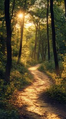 Fototapeta premium The picture focuses on a path winding through the forest