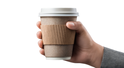 A hand holding a disposable coffee cup with a cardboard sleeve on a a perfect image for cafe beverage advertising and branding projects showcasing a on transparent background high