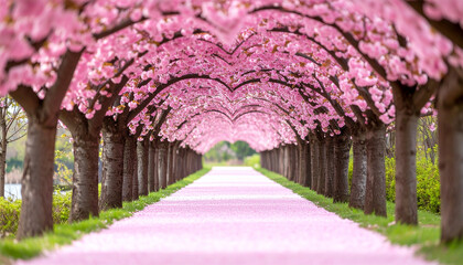 Naklejka premium Cherry blossom tree tunnel with pink petals covering path, creating romantic heart shaped canopy, perfect for wedding decor or peaceful spring walk