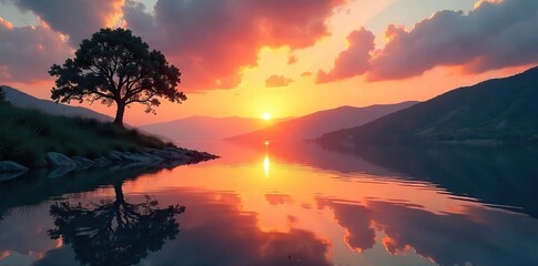 Naklejka premium Serene landscape at sunset, reflecting tranquility and inner peace Perfect for meditation, yoga, mindfulness, and wellness themes Embrace the calm and rejuvenate your spirit , yoga, wellness