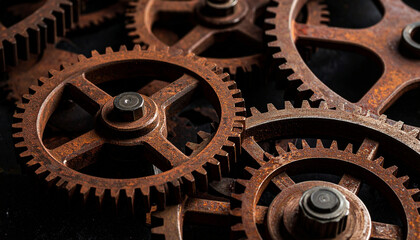 Rusty metal gears close up showing detailed texture and symmetrical arrangement with dark background, highlighting aged and industrial feel of mechanical parts
