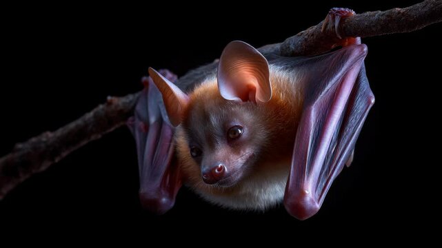 Small Bat Hanging Upside Down From a Thin Branch, Wings Wrapped Around Its Body