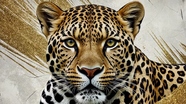 Portrait of a jaguar face against a concrete-gold scratch background. Wild animal with gold abstract pattern. Exotic beast. Footage.