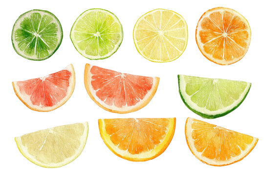 Vibrant watercolor citrus fruit slices lime lemon orange grapefruit collection perfect for summer designs fresh juicy healthy tropical refreshing on transparent background art sour