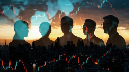 Silhouette of business people against a cityscape overlayed with financial charts - Powered by Adobe