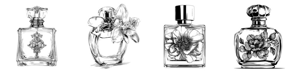 A modern emblem for a perfumery store, the luxury perfume icon is characterized by a golden bottle of fragrance, accompanied by a perfume bottle adorned with a creative golden flower or an ornate