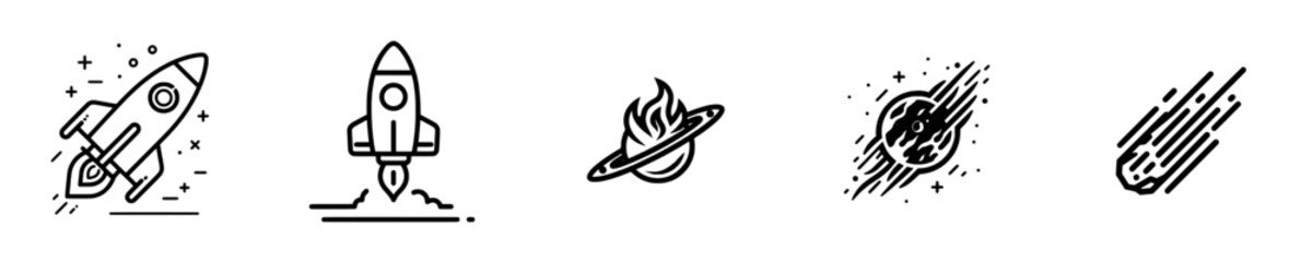 Cosmos elements such as a comet and galaxy are depicted in a lineart sign, with a meteorite and flying asteroid having a flaming tail, represented as a modern symbol for space research © Andrei