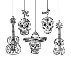 A banner for Mexico's Dia de Los Muertos features modern calavera skulls and a sombrero, along with a Mexican guitar, maracas, candles, flowers, and birds in an ethnic ornament for the Day of the