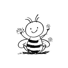 A cute cartoon honey bee is sitting on chamomile, while a bumblebee serves as a modern and cheerful mascot for spring, and a happy baby hive bee bug rests on a daisy flower