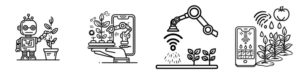 Modern linear sign representing automated watering system with mobile control, robot farm, and sustainable agriculture farming technology, including smart watering icon and precision hydration app