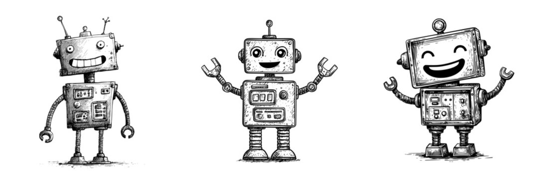 A groovy cartoon robot from the retro era, featuring a humorous face, is depicted as a modern space android, while another robot, possibly an alien cyborg, exhibits a cheerful smile and has