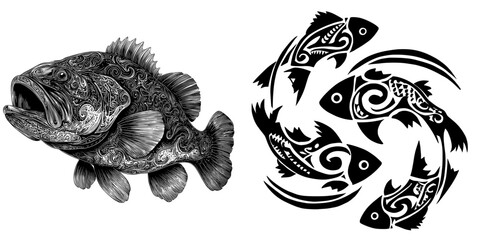 A Hawaiian tribe motif or Samoan culture symbol featuring an ocean fish is typically found in isolation as a sign, and is also associated with the Polynesia Maori tribe and their rockfish animal