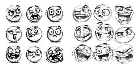 Modern smile emojis characters, including happy, scared, and confused facial expressions, are part of a cartoon funny face emotions stickers pack that also features cute face emotion characters