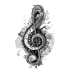 Fototapeta premium A song's musical wave incorporates treble notes and a clef symbol, while its symphony and harmony generate sound waves, evoking the classic music of an orchestra, which swirls against a modern and