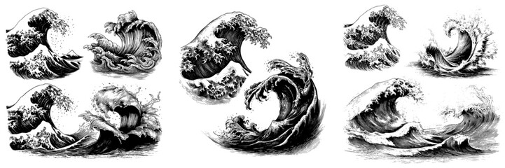 Modern oriental art featuring Asian Japanese or Chinese sea waves with a vintage twist, incorporating ocean and sea water flow texture, blue line splashes, and a tsunami surf pattern with water