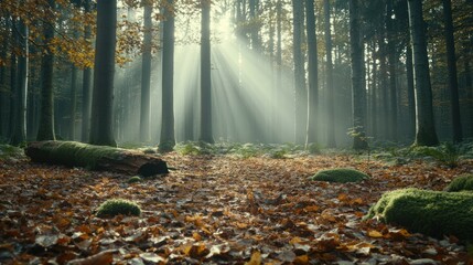 Obraz premium Sunlight streams through a misty autumn forest